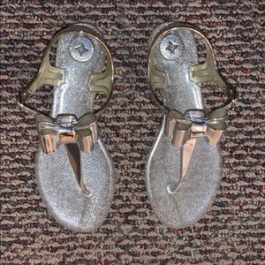 BCBG Silver Bow Jelly Sandals